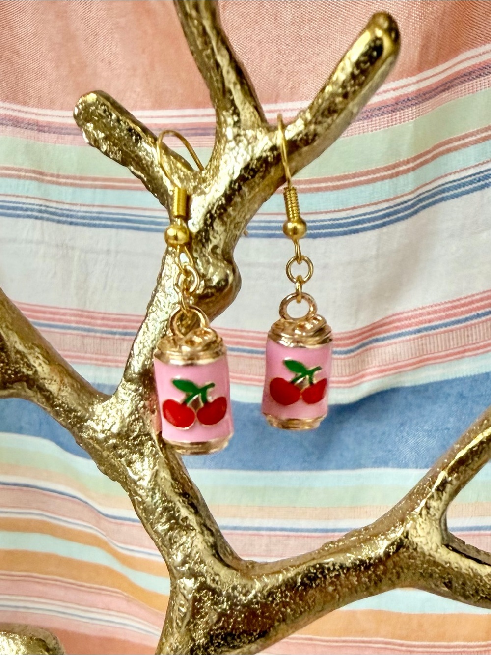 Handmade Gold-Tone Pink Cherry Soda Drop Earrings